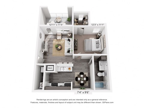 Floor plan for 1 bed, 1 bath, 763 sqft